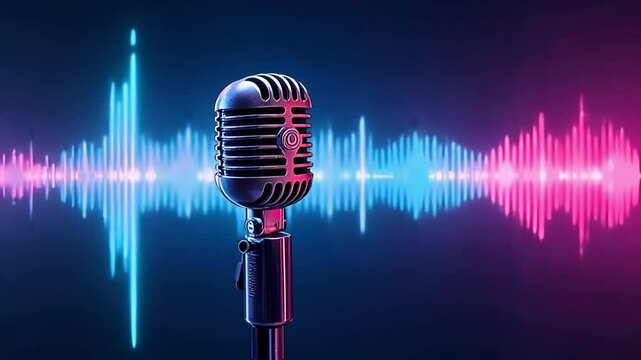 Vintage Microphone with Sound Waves: A classic silver microphone stands prominently against a vibrant backdrop of colorful sound waves, capturing the essence of audio and broadcasting.