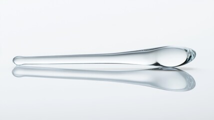 Close-up of a single oil drop forming on a glass pipette, smooth reflection, white background