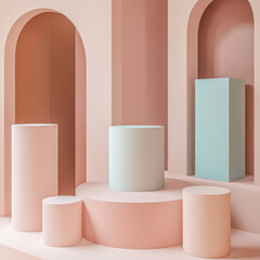 A chic and elegant podium featuring an arch and pastel accents, ideal for showcasing beauty products or fragrance displays. Perfect for spring-themed exhibitions, digital marketing, and high-end brand