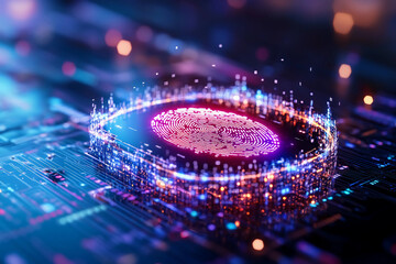 Digital fingerprint hovering over a glowing shield with encrypted binary code, symbolizing cybersecurity, personal data protection, secure authentication, and privacy technology