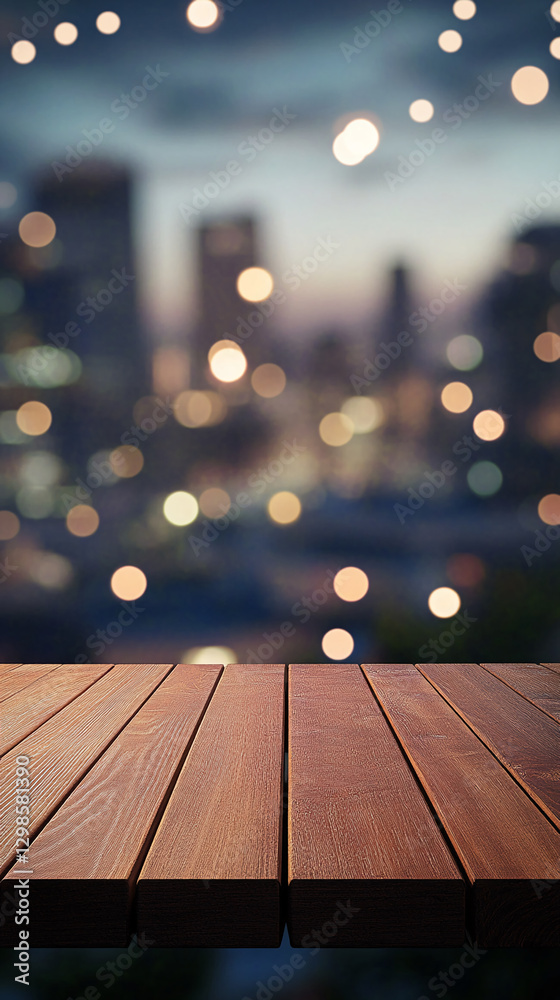 Poster A wooden table with a blurred bokeh city lights background at night, creating a warm and inviting atmosphere perfect for presentations or adding text.