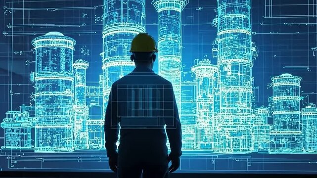 Vision of Blueprint: A silhouette of a construction worker stands facing a blueprint of an industrial complex.