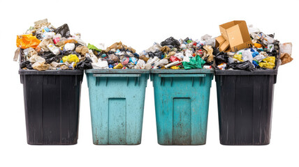 Set of overflowing trash bins filled with garbage, isolated on a white background