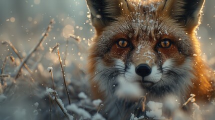 Fototapeta premium Red fox in snowy winter scene. Intense gaze, beautiful winter fur.