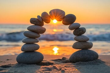 Stones balanced to form an arch at the beach, Mindfulness and inner balance concept