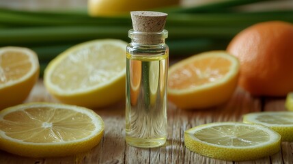 Citronella oil bottle with sliced citrus, symbolizing freshness and organic essence.