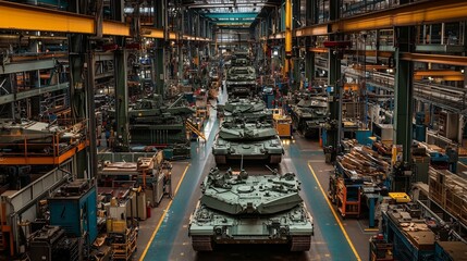 Tanks in a factory assembly line symbolize defense manufacturing and military production.