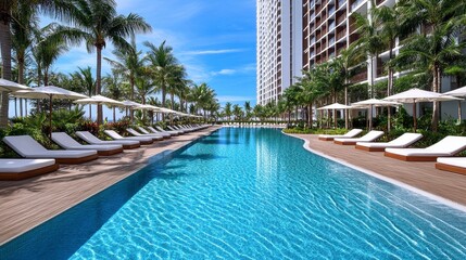 Fototapeta premium Long Resort Pool with White Lounge Chairs and Palm Trees Under Sunny Skies