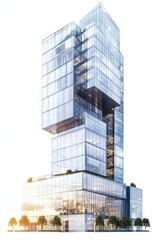Obraz premium The image features a realistic skyscraper building standing alone on a white background, created as a 3D illustration