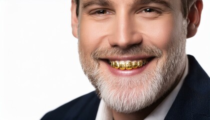 Obraz premium Close-up portrait of a smiling man with gold teeth.