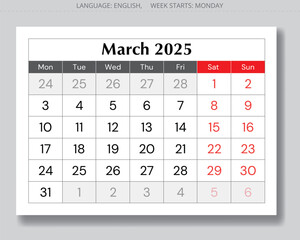 2025 march calendar. Vector English monthly page. Design Monday start