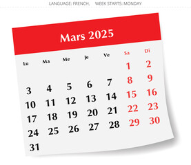 French calendar for march 2025. Vector illustration of spring month paper page for France - mars calendrier