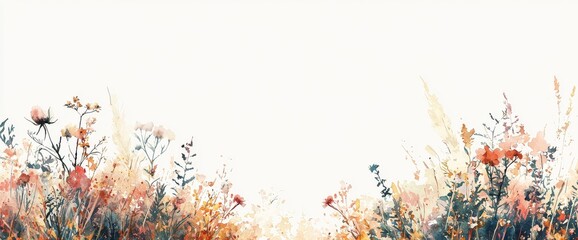 A hand-painted set of beige wildflowers and grass in watercolor style, featuring boho floral patterns in neutral colors, sage green borders, and a frame, with botanical elements isolated on a white