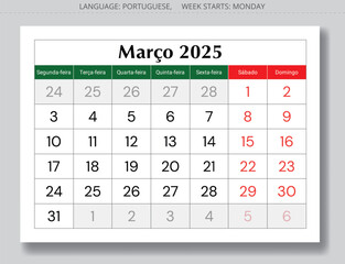 March PORTUGUESE monthly calendar for 2025 year. Vector page illustration Portugal