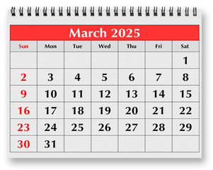 Page of annual monthly calendar - spring month march 2025
