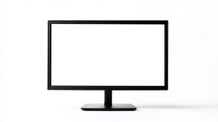 A sleek black computer monitor stands on a solid base. Its screen is blank, highlighting a clean, minimalist aesthetic. The setting features bright lighting that enhances the simplicity of the design