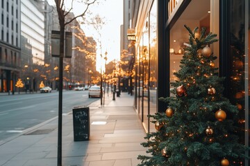 Obraz premium Holiday decorations brighten the city streets at sunset with festive lights and a Christmas tree