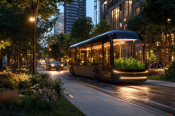 Obraz premium Futuristic city street illuminated by bio-luminescent algae street lamps, autonomous electric vehicles, and solar trees creating a sustainable urban landscape