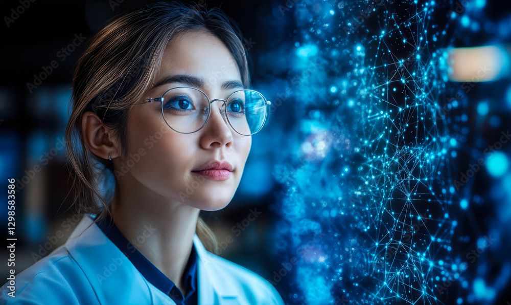 Poster young scientist analyzing futuristic digital interface with ai technology and data visualization for