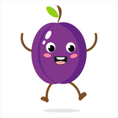 Happy cartoon character of a plum dancing joyfully on a white background