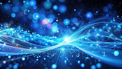 Glowing abstract blue background with waves and bokeh lights