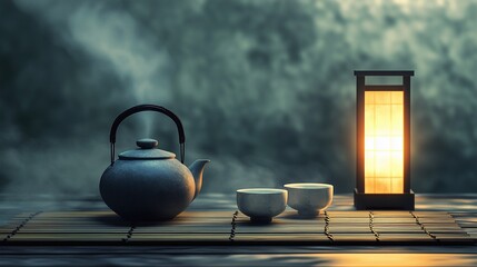Illustration of a minimalist Chinese tea ceremony setting. A simple bamboo mat holds a traditional Yixing clay teapot and small porcelain cups.