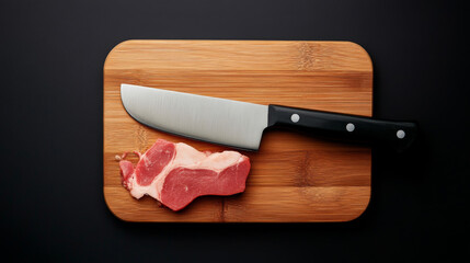 A sharp kitchen knife rests beside a fresh piece of beef steak on a wooden cutting board. The dark background highlights the colors and textures of the meat and knife