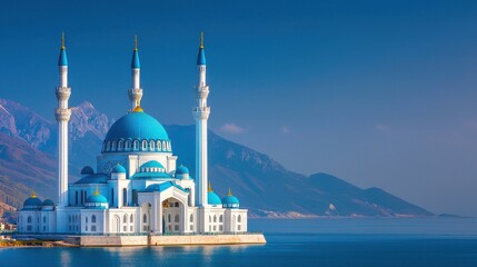 Naklejka premium Aerial View of Seaside Mosque with Turquoise Domes and Scenic Mountains