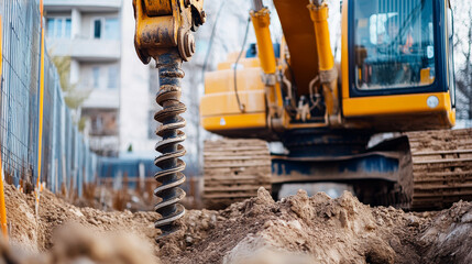 A drilling machine operates at a construction site, boring into the ground. Surrounding buildings are visible, indicating an urban setting, while the bright daylight illuminates the activity