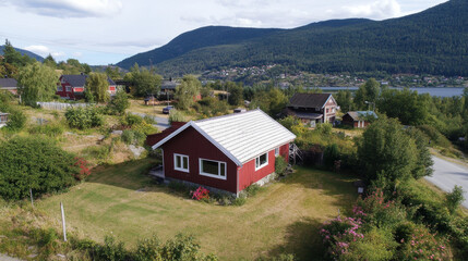 A picturesque red house sits in a lush green area with vibrant flowers, surrounded by majestic mountains and a serene lake on a clear summer day
