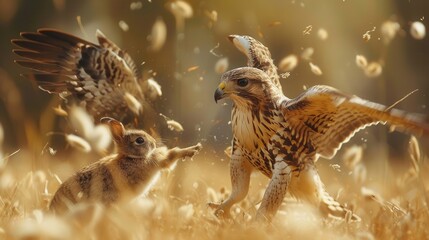 Hawk and rabbit in dramatic confrontation.  Nature's raw power captured in a breathtaking moment.