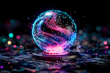 Futuristic laboratory with holographic displays, quantum computing data, AI cores, light trails resembling electrical currents, and high-tech information processing environment