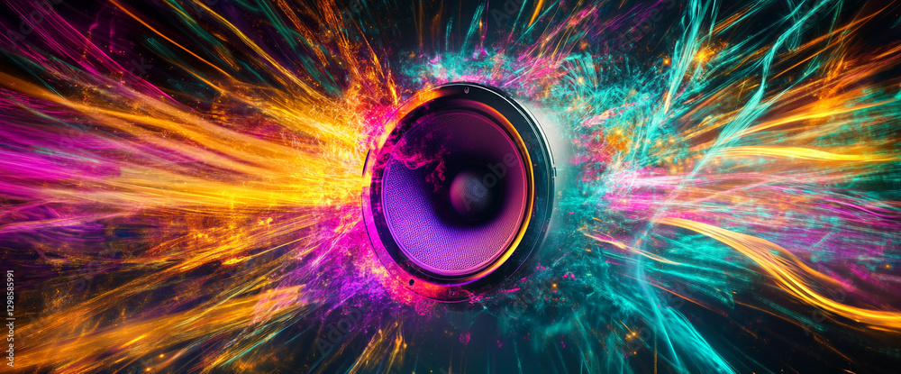 Poster a speaker emitting vibrant, colorful light streaks and particles, symbolizing sound energy and dynam