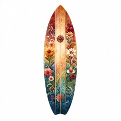 Colorful beach composition with a surfboard decorated with flowers and stripes, perfect for summer-themed designs and cheerful vibes.