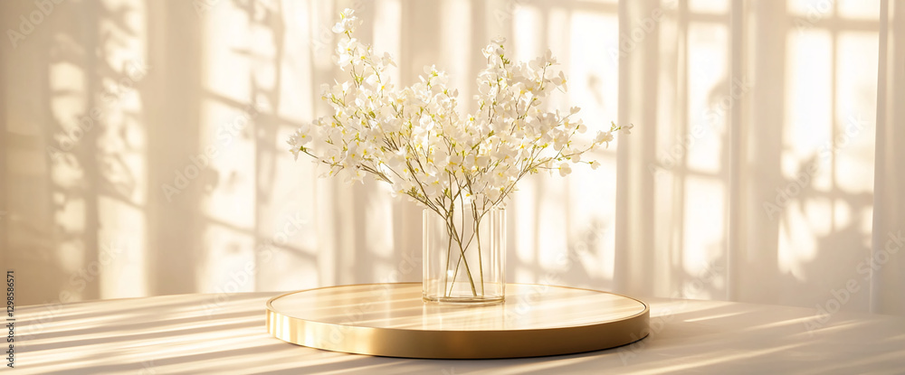 Poster a vase with delicate white flowers on a golden round table, bathed in soft light, casting shadows an