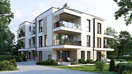 Apartment building with modern design and multiple balconies for outdoor living