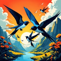 Digital matte painting with swallows in pop art style.