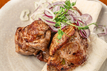 delicious grilled meat. Restaurant menu, dieting, cookbook recipe top view