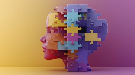 Futuristic and representation of a child s head made entirely of interconnected puzzle pieces radiating bright hues symbolizing creativity and autism awareness