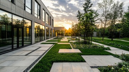 With its modern design, clean lines, and abundance of natural light from large windows, the university building and its expansive courtyard foster an atmosphere of learning, innovation, and community