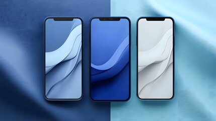 Three modern smartphones showcasing abstract wavy wallpapers on display screens