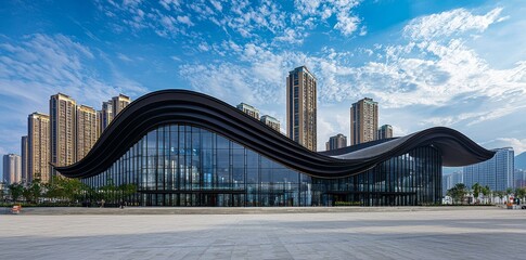 Obraz premium A modern, undulating glass and metal exterior design, characterized by vertical fins and a dynamic facade, gives the building a fluid, organic architectural shape, evident in the exhibit hall