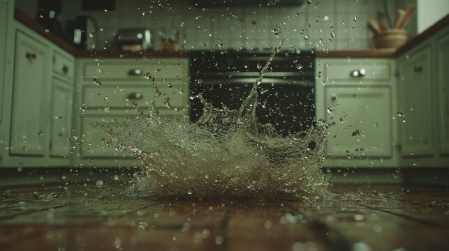 A kitchen overwhelmed by a flooded floor, where water intrusion has led to an unexpected home disaster of deluge and flood, with splash and spray, now an insurance issue