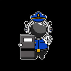 Charming Astronaut Police Mascot with a Riot Shield and Handcuffs, Ideal for Space-Themed Educational Materials and Safety Campaigns