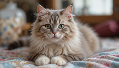 Obraz premium Fluffy Green-Eyed Cat Lounging on Patterned Blanket