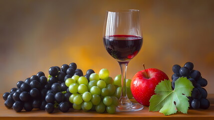 Glass of red wine with grapes and apple on wooden table