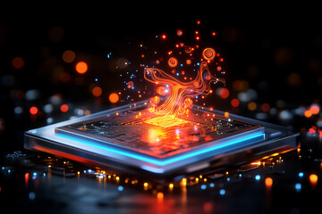 Futuristic AI processing unit with transparent design and complex data flows forming intricate patterns and light trails, symbolizing speed, power, and advanced technology