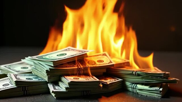 Burning Money: Stacked dollar bills are engulfed in flames, symbolizing financial loss, reckless spending, and the destruction of wealth.