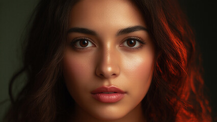 Fototapeta premium Young woman with warm features and soft light illuminating her face against a dark background in an intimate portrait setting