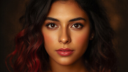 Fototapeta premium Close-up portrait of a young woman with wavy hair and striking features against a soft background